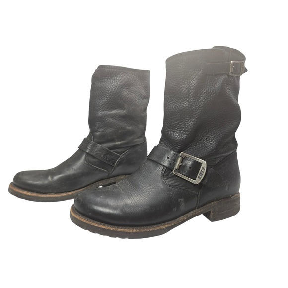 Frye Engineer Black Pebbled Leather Moto Biker Boots 76500 Womens 8.5 - Picture 2 of 8